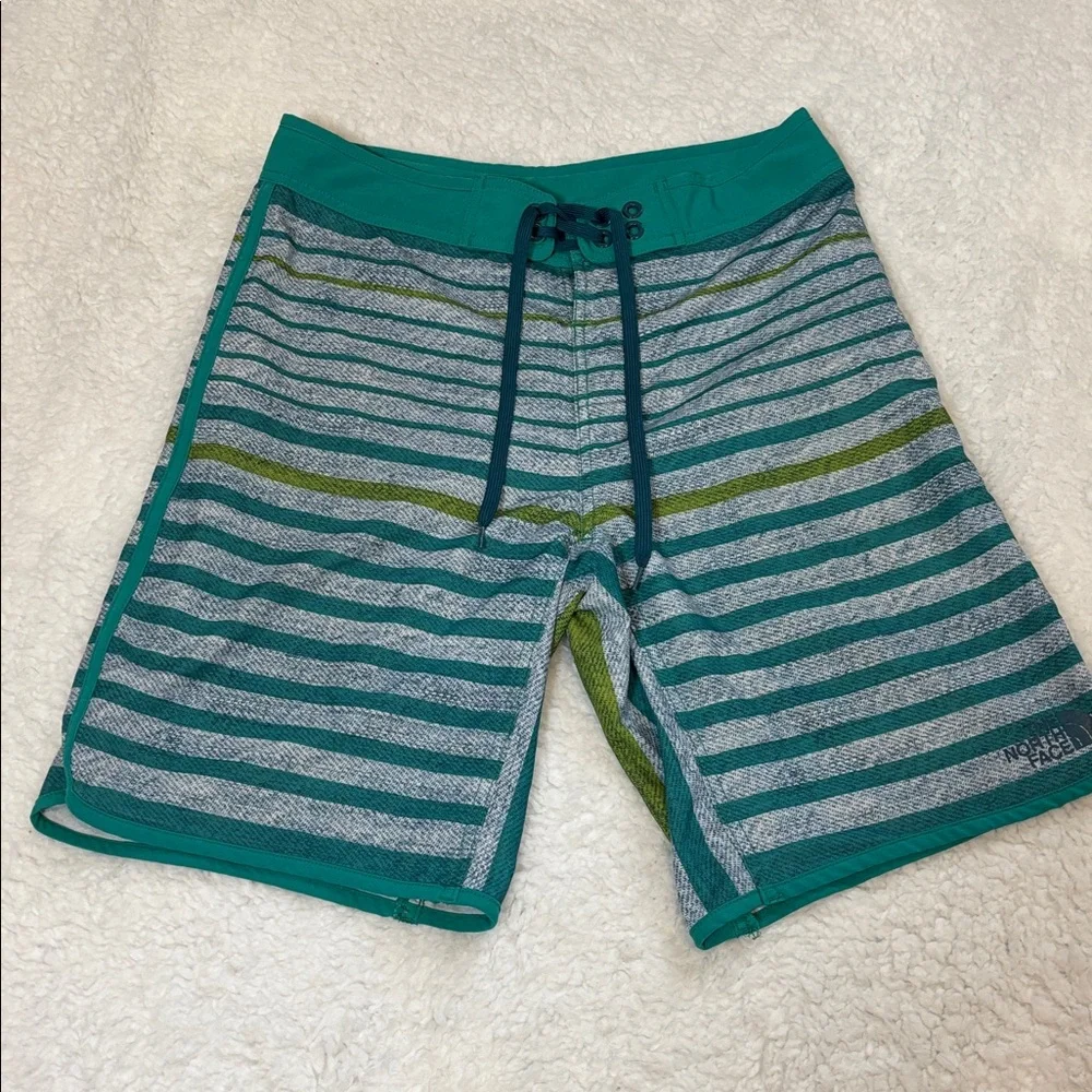 The North Face Teal green blue striped swim trunks board shorts size 30